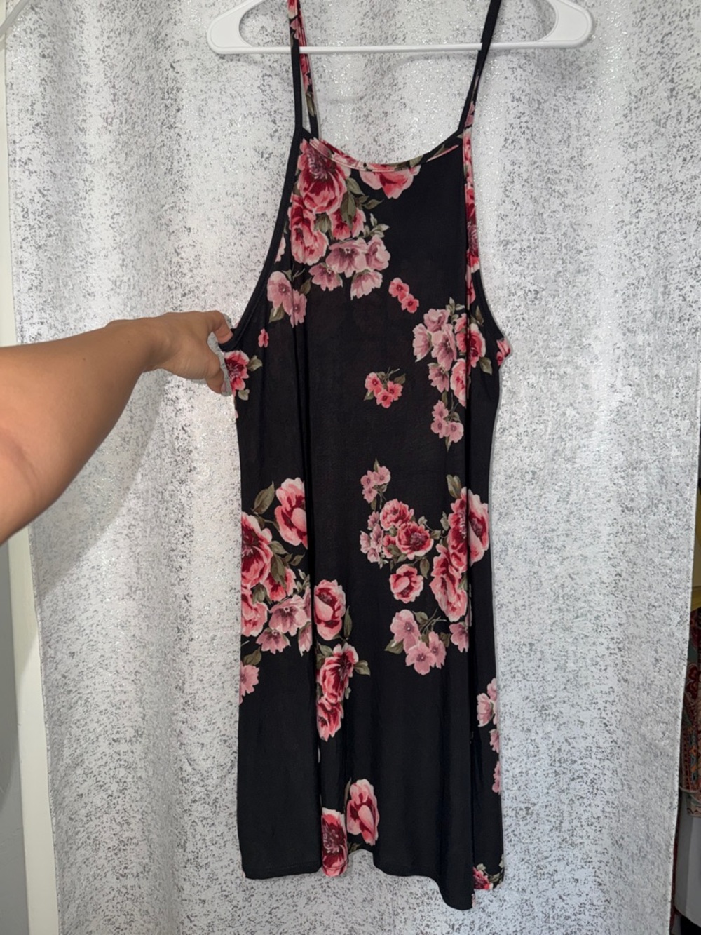Black Floral Mini Slip Dress with Pink Rose Print